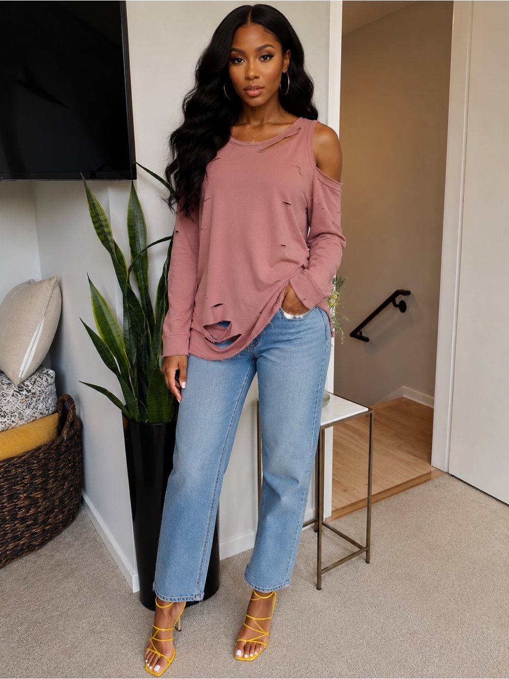 Cold-Shoulder Distressed Long Sleeve Top - Pink